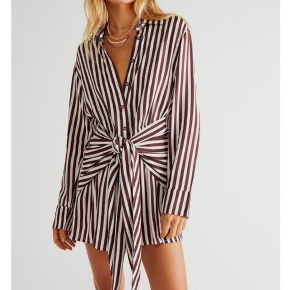 Jen's Pirate Booty Brown White Striped Button Down Amata Shirt Dress S